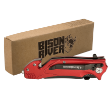 Bison River Rescue Knife with stainless steel blade, glass breaker and setbelt cutter.