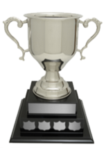 Silver metal cup on black base